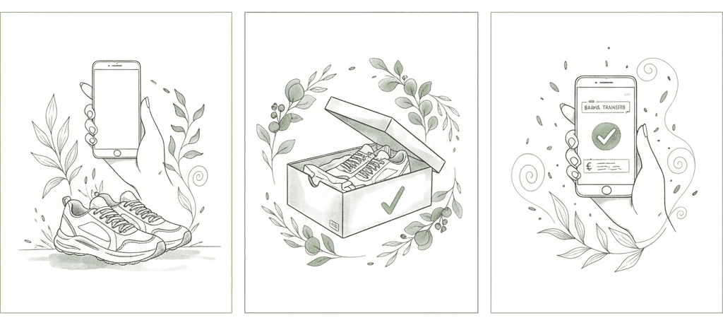 사진 전송, 박스 수거, 즉시 입금 과정 일러스트